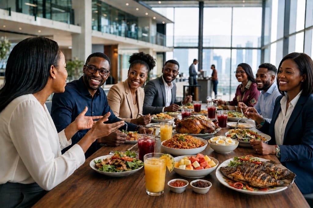 Professionals sharing a chef-prepared communal meal at a long office table